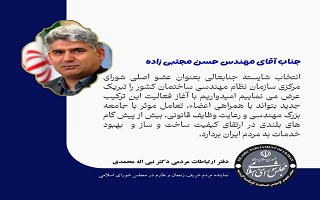 پیام تبریک دکتر نبیالله محمدی،  بابت انتخاب مهندس حسن مجتبی زاده، به عنوان عضو اصلی شورای مرکزی پیام تبریک دکتر نبیالله محمدی،  بابت انتخاب مهندس حسن مجتبی زاده، به عنوان عضو اصلی شورای مرکزی