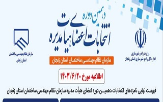 فهرست نهایی نامزدهای دهمین دوره انتخابات اعضای هیئت مدیره سازمان نظام مهندسی ساختمان استان زنجان فهرست نهایی نامزدهای دهمین دوره انتخابات اعضای هیئت مدیره سازمان نظام مهندسی ساختمان استان زنجان