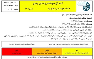 هشدار هواشناسی شماره ۱۳ سطح زرد اداره کل هواشناسی استان زنجان هشدار هواشناسی شماره ۱۳ سطح زرد اداره کل هواشناسی استان زنجان